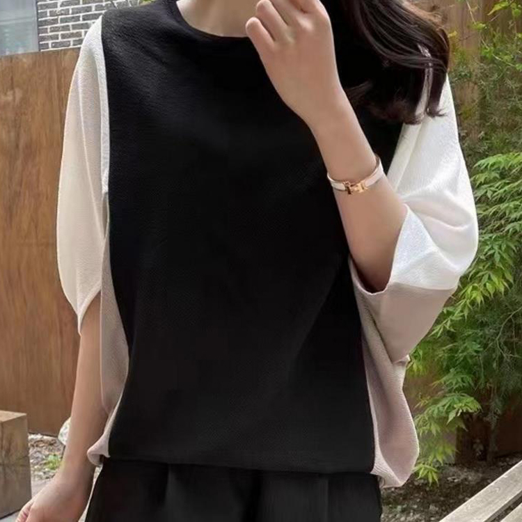 日系休閒拼接寬鬆蝙蝠袖T恤(3色)-NamoDress