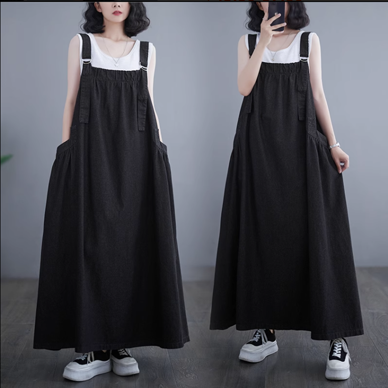 復古設計感顯瘦背帶牛仔寬鬆休閒連身裙(3色)