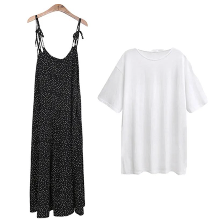 純色圓領短袖+吊帶遮肚顯瘦闊腿九分連體褲套裝-NamoDress