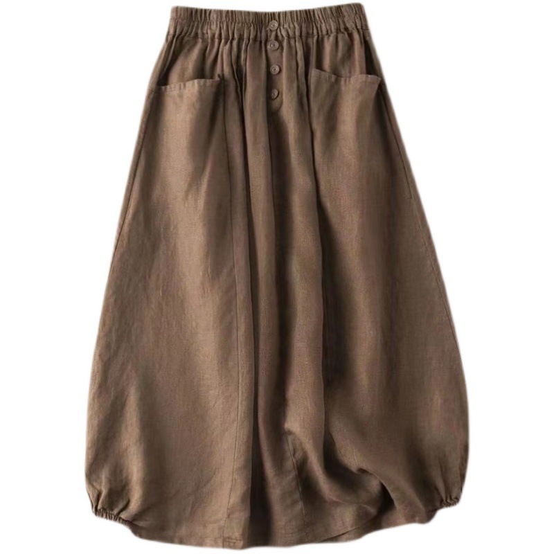 復古文藝中長款高腰A字亞麻半身裙（3色）-NamoDress