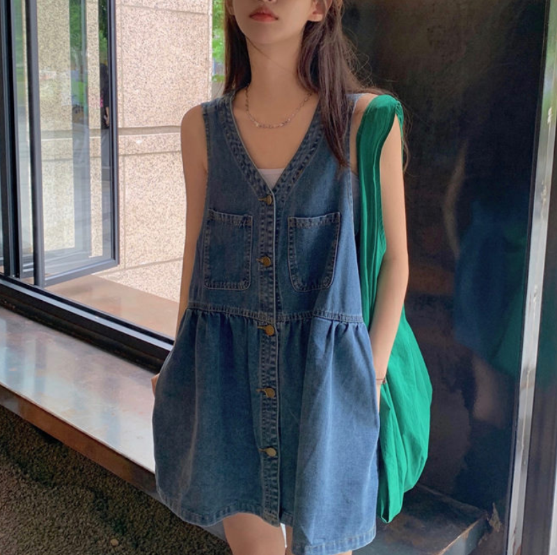 韓版寬鬆小個子休閒無袖牛仔連身裙-NamoDress