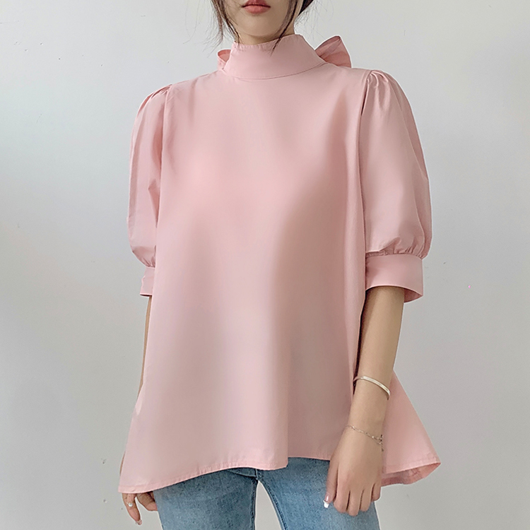 燈籠袖繫帶立領襯衫（5色）-NamoDress