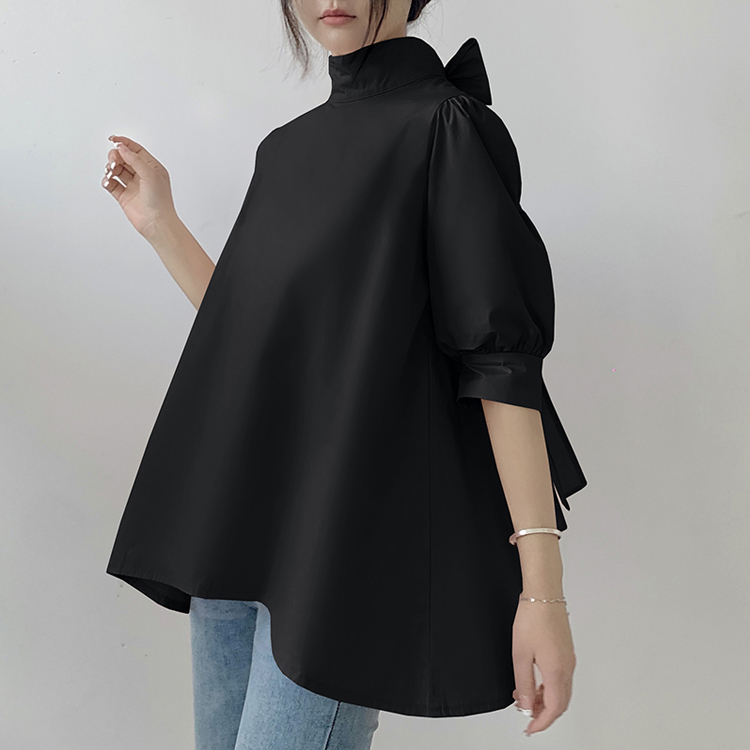 燈籠袖繫帶立領襯衫（5色）-NamoDress