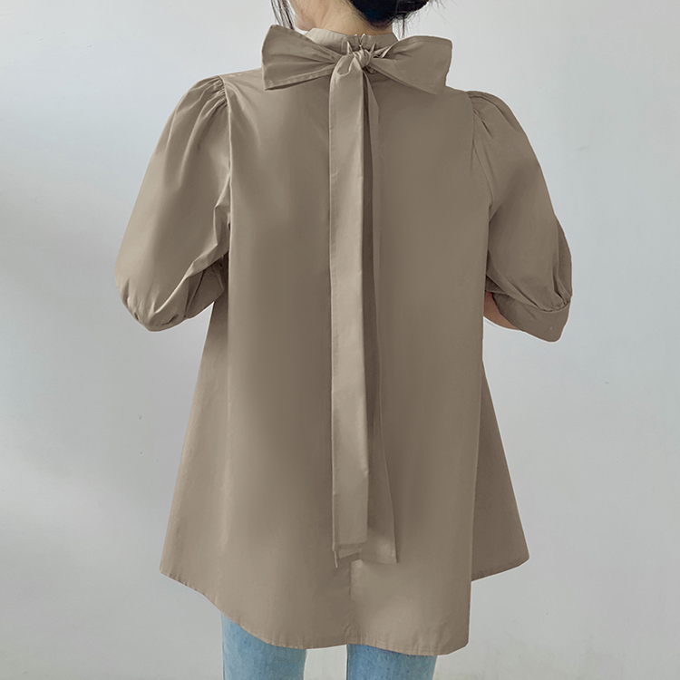 燈籠袖繫帶立領襯衫（5色）-NamoDress