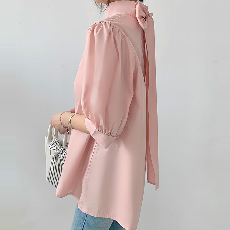 燈籠袖繫帶立領襯衫（5色）-NamoDress