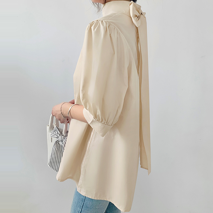 燈籠袖繫帶立領襯衫（5色）-NamoDress