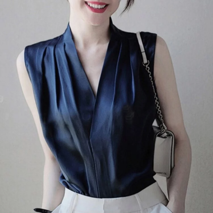 法式別緻緞面V領職業無袖襯衫（2色）-NamoDress