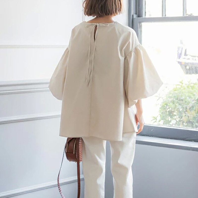 日式寬鬆大版泡泡袖襯衫（4色）-NamoDress