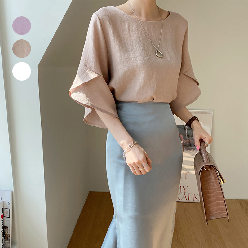 韓版寬鬆荷葉袖圓領寬鬆襯衫（3色）-NamoDress