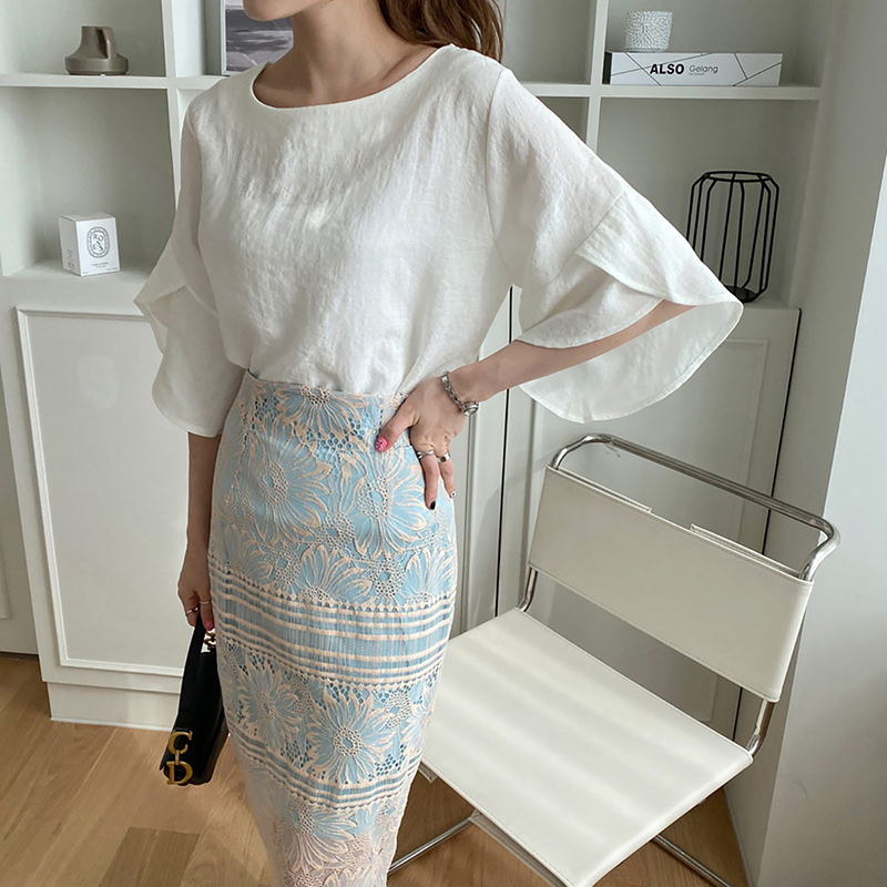 韓版寬鬆荷葉袖圓領寬鬆襯衫（3色）-NamoDress