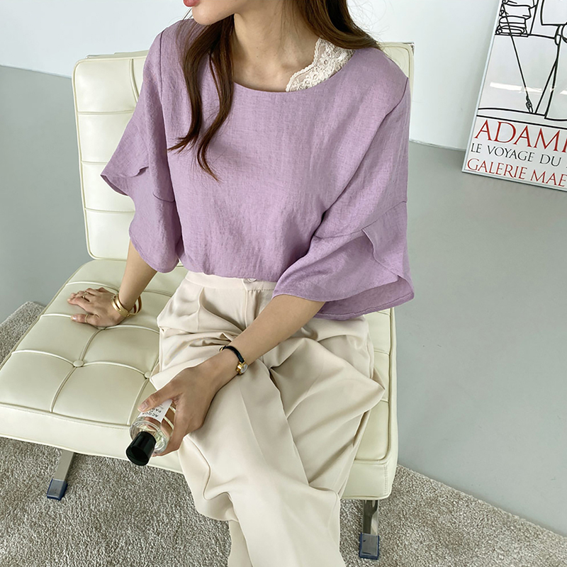 韓版寬鬆荷葉袖圓領寬鬆襯衫（3色）-NamoDress