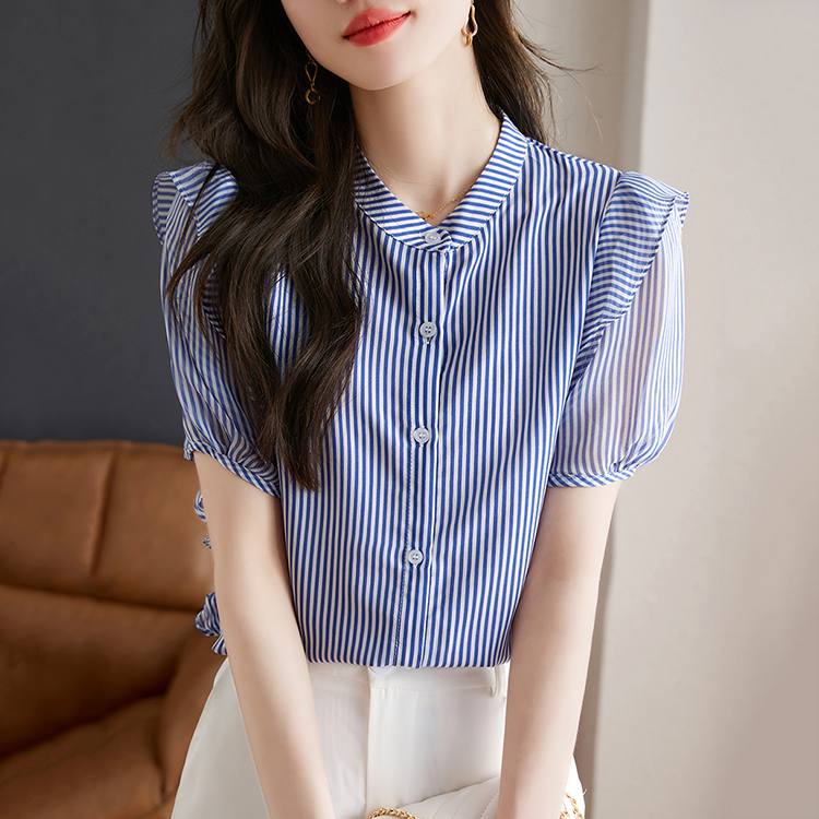 藍色條紋荷葉袖輕薄襯衫-NamoDress