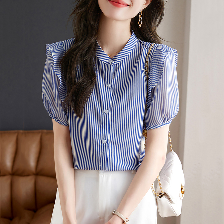藍色條紋荷葉袖輕薄襯衫-NamoDress