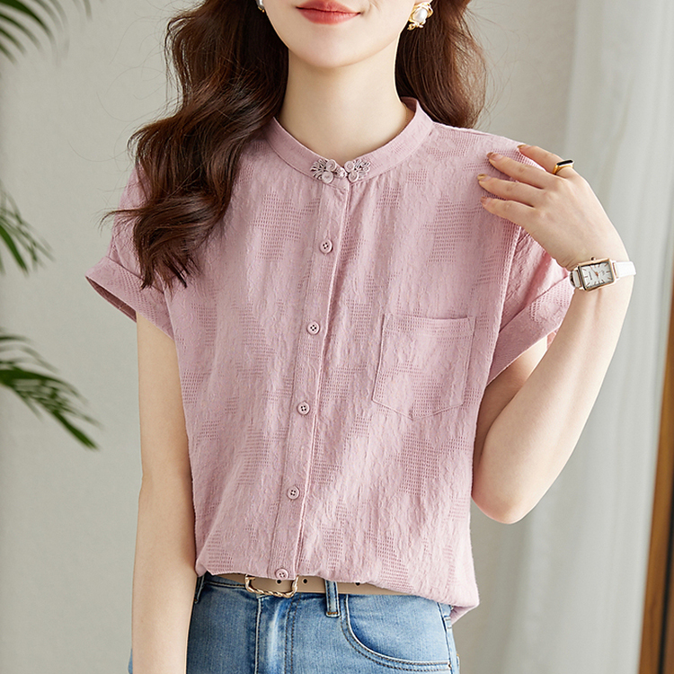 中式復古盤扣漂亮粉色襯衫-NamoDress