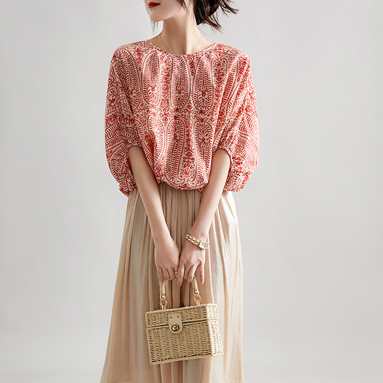 佩利斯紋印花後背蝴蝶结設計蝙蝠袖襯衫-NamoDress