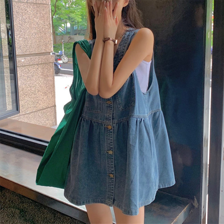 韓版寬鬆小個子休閒無袖牛仔連身裙-NamoDress