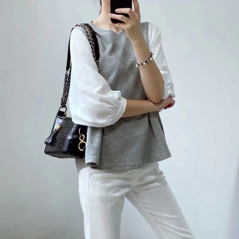 韓版假兩件拼接設計寬鬆襯衫(3色)