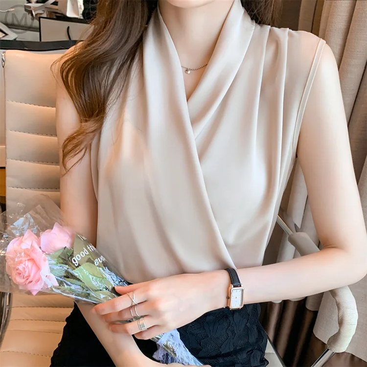 知性亮眼設計感小眾V領無袖襯衫（5色）-NamoDress