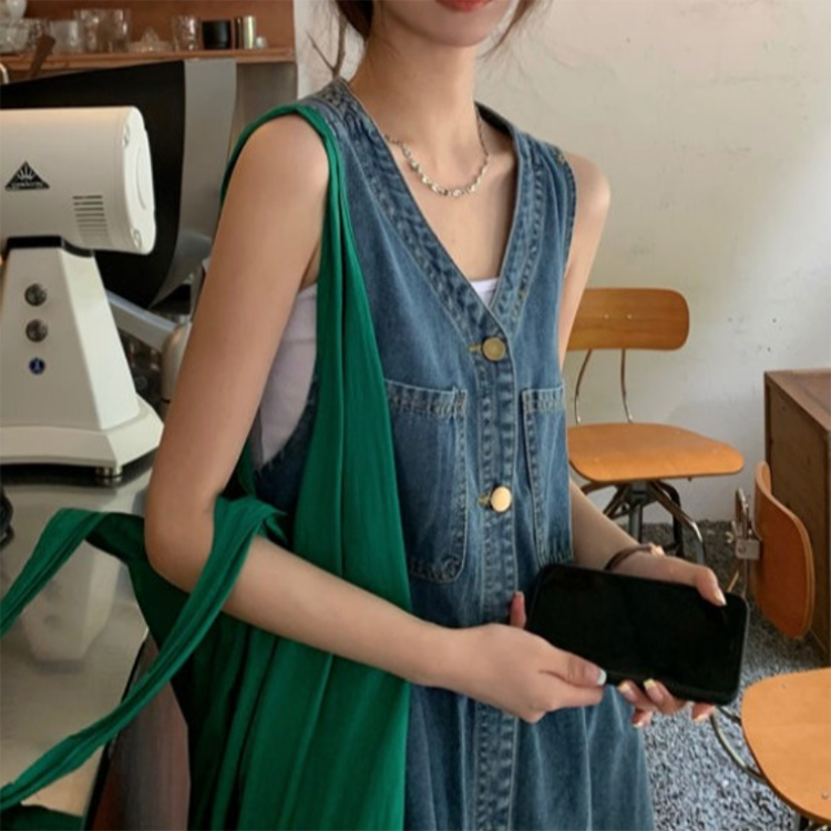 韓版寬鬆小個子休閒無袖牛仔連身裙-NamoDress