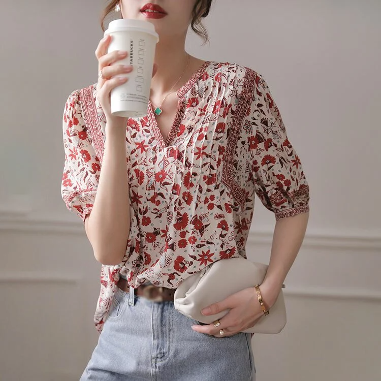 小眾設計復古印花泡泡袖襯衫-NamoDress