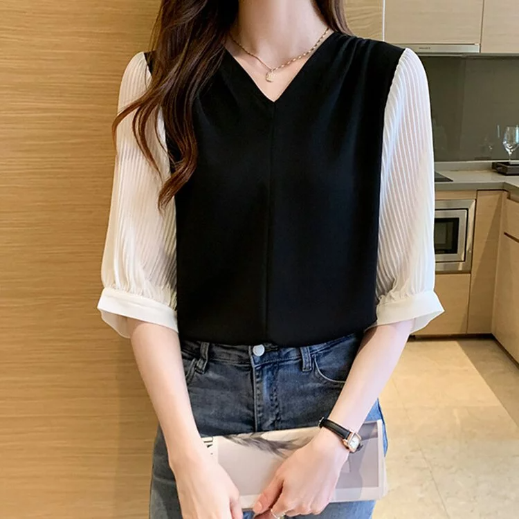 經典黑白配色壓褶五分袖襯衫-NamoDress