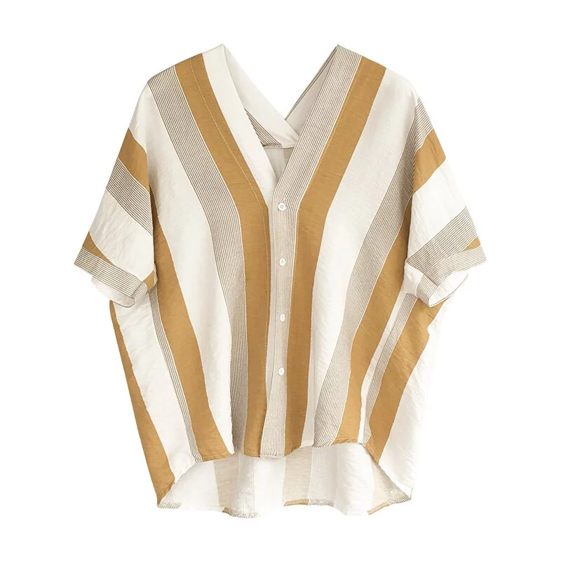 韓版V領條紋拼接寬鬆襯衫（2色）-NamoDress