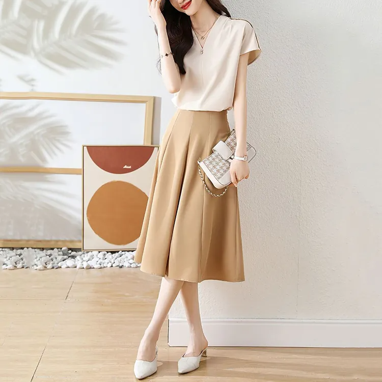 韓版時尚氣質V領襯衫+A字半身裙套裝-NamoDress