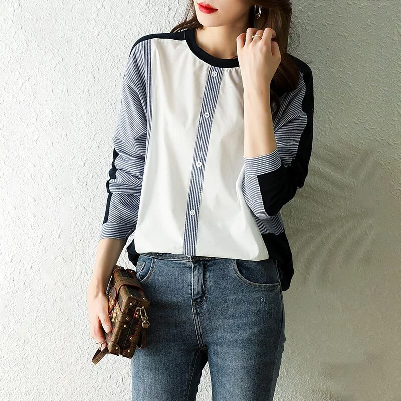 韓系條紋拼色設計寬鬆套頭襯衫