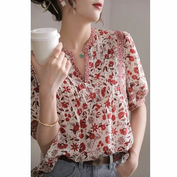 小眾設計復古印花泡泡袖襯衫-NamoDress