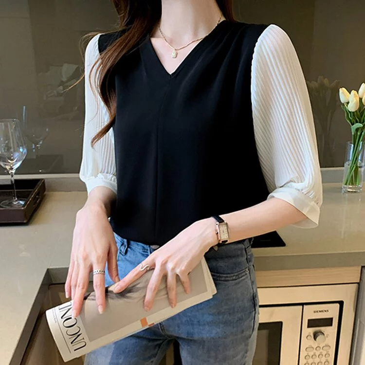 經典黑白配色壓褶五分袖襯衫-NamoDress