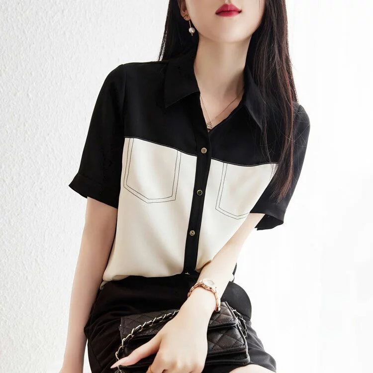 韓版拼色翻領短袖襯衫-NamoDress