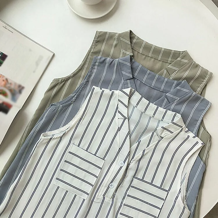 韓版條紋V領無袖襯衫（3色）-NamoDress