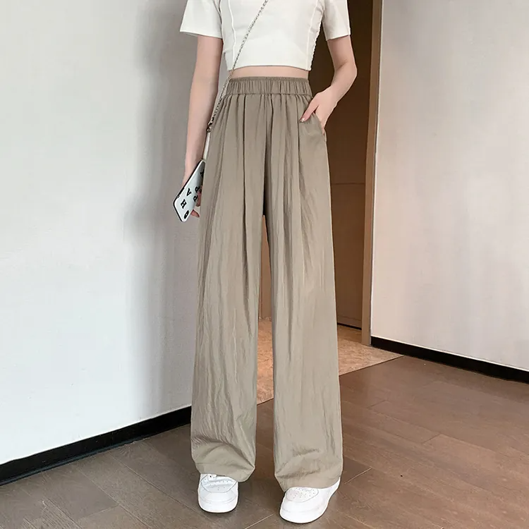 日系休閒寬鬆垂感冰絲闊腿褲(4色)-NamoDress