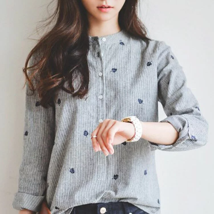 韓版樹葉刺繡立領休閒襯衫