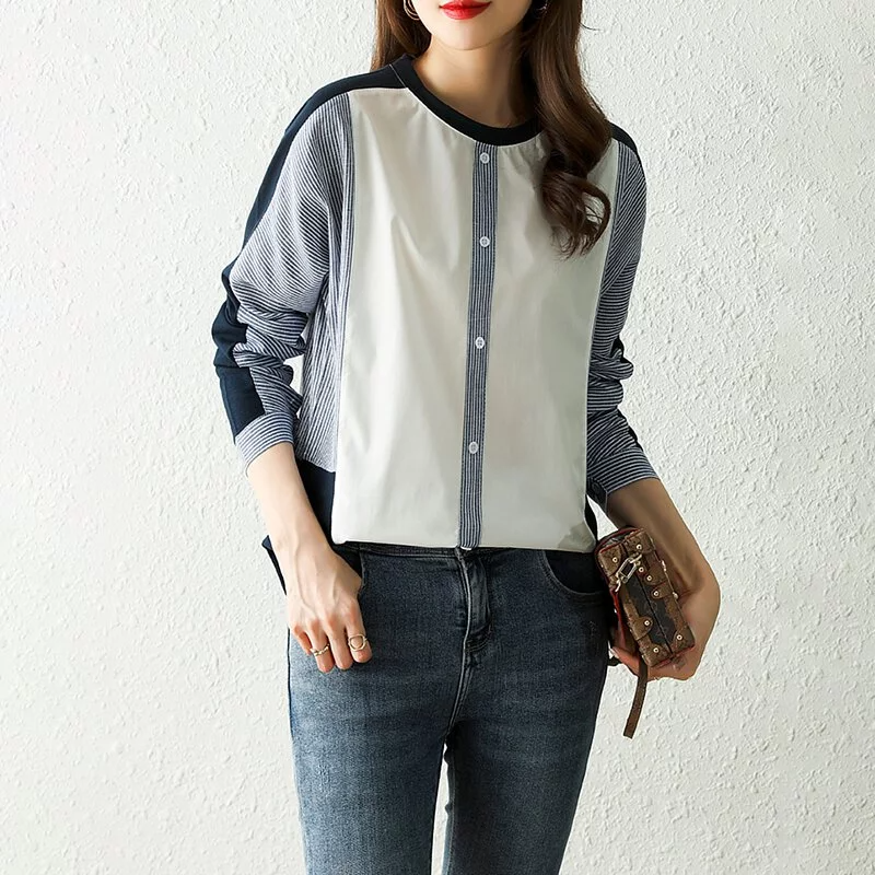 韓系條紋拼色設計寬鬆套頭襯衫