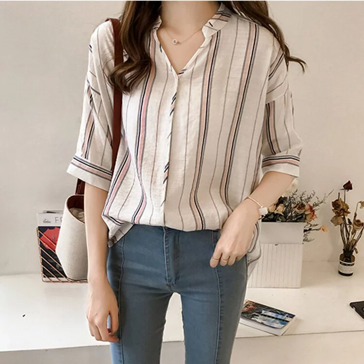 韓版寬鬆V領短袖條紋襯衫（2色）-NamoDress