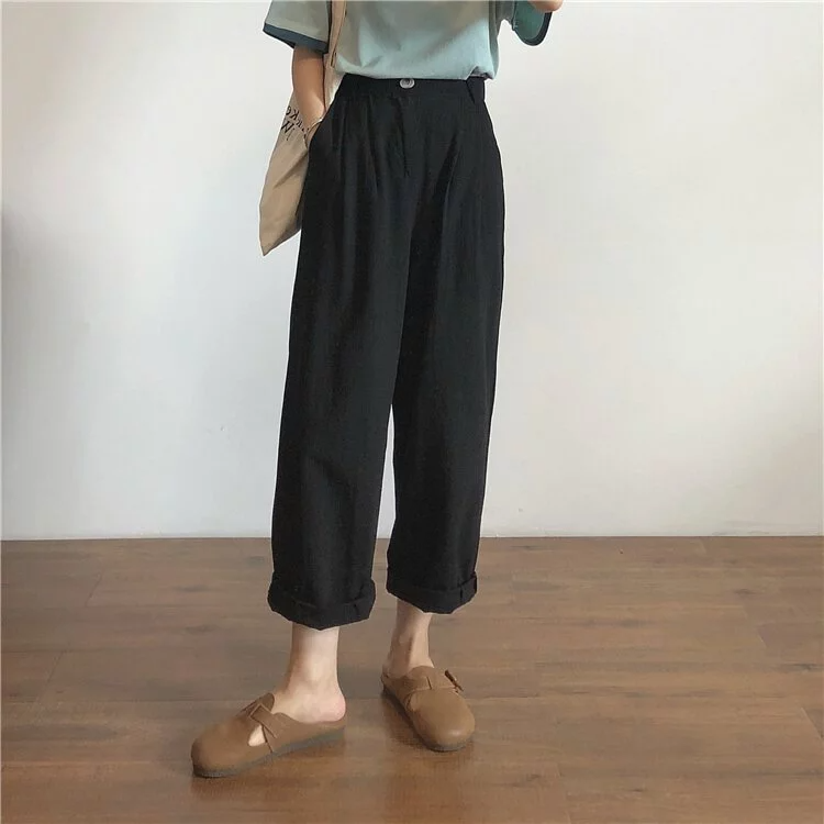 棉麻質感高腰顯瘦寬鬆闊腿褲（2色）-NamoDress