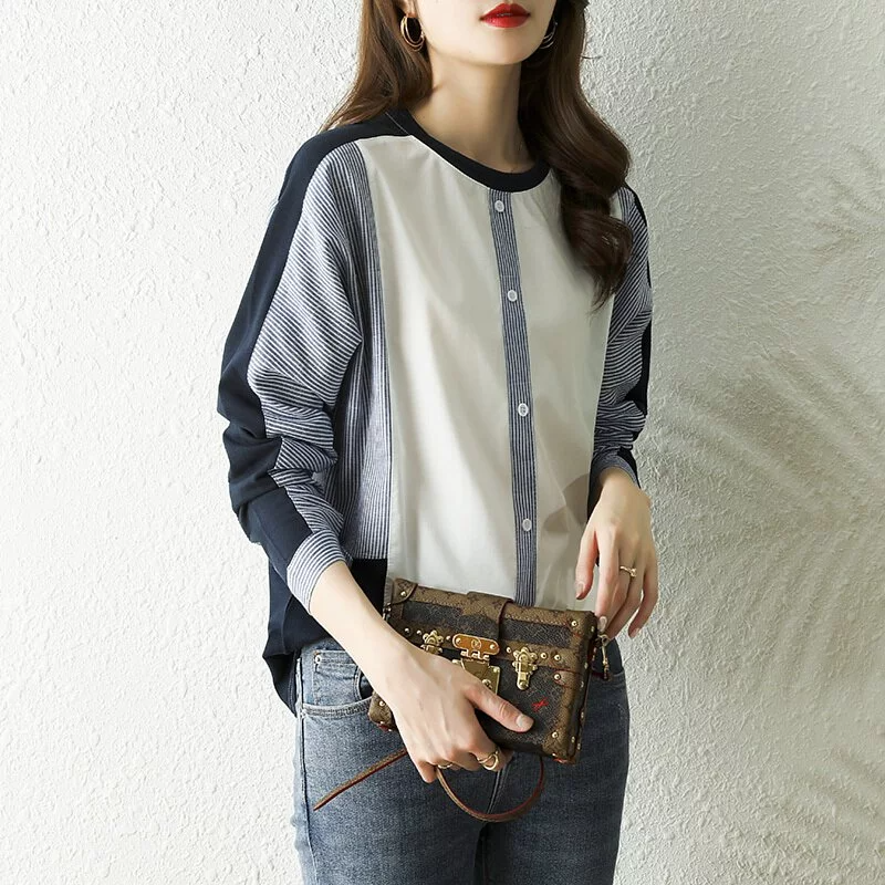 韓系條紋拼色設計寬鬆套頭襯衫