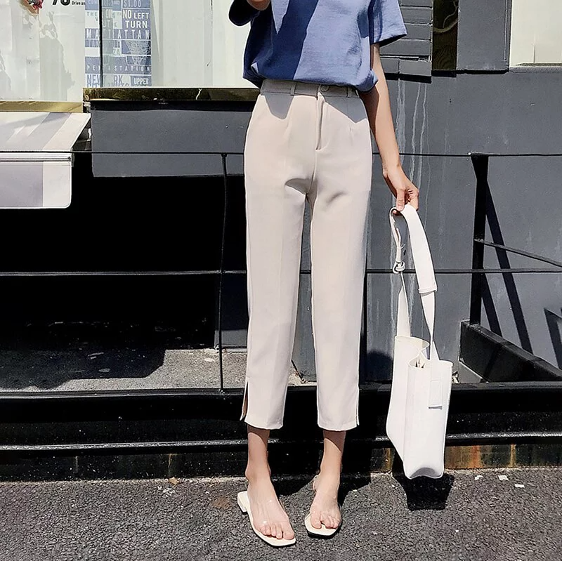 韓版直筒開叉九分煙管褲-NamoDress