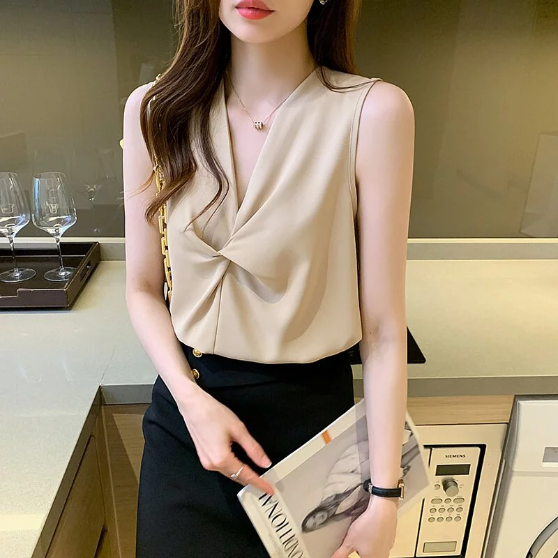 韓版交叉V領寬鬆無袖上衣（5色）-NamoDress