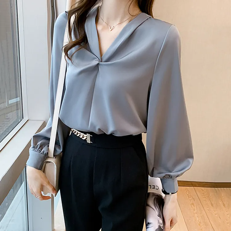 韓版V領胸前扭結設計百搭長袖襯衫(5色)-NamoDress