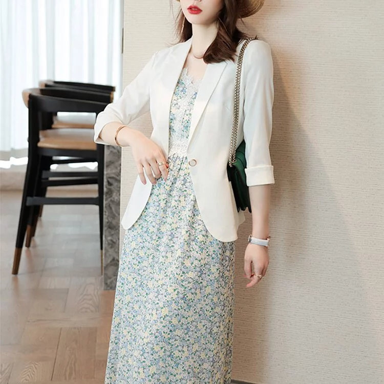 韓版休閒一粒扣七分袖短款西裝外套（4色）-NamoDress