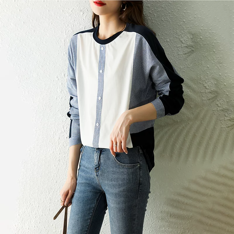 韓系條紋拼色設計寬鬆套頭襯衫