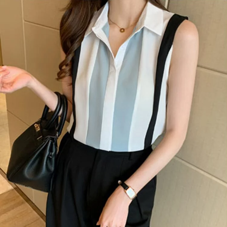 通勤風條紋拼色翻領無袖襯衫-NamoDress