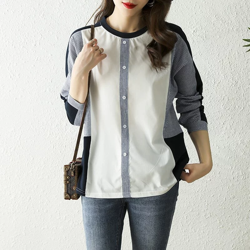 韓系條紋拼色設計寬鬆套頭襯衫