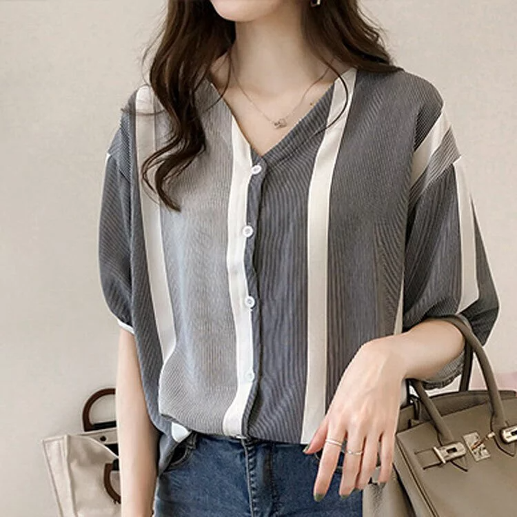 韓版拼色條紋蝙蝠袖寬鬆襯衫（3色）-NamoDress