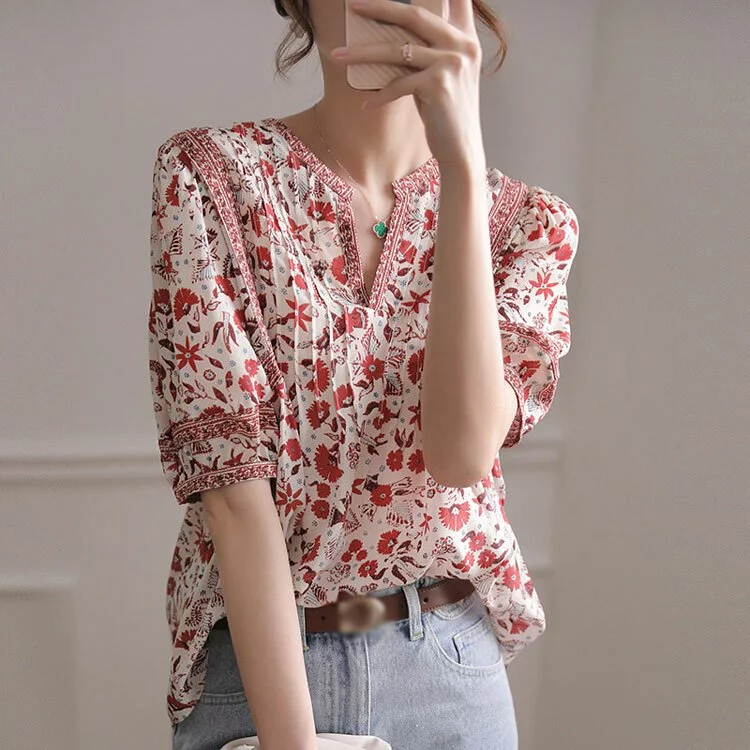 小眾設計復古印花泡泡袖襯衫-NamoDress