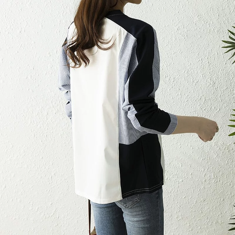 韓系條紋拼色設計寬鬆套頭襯衫