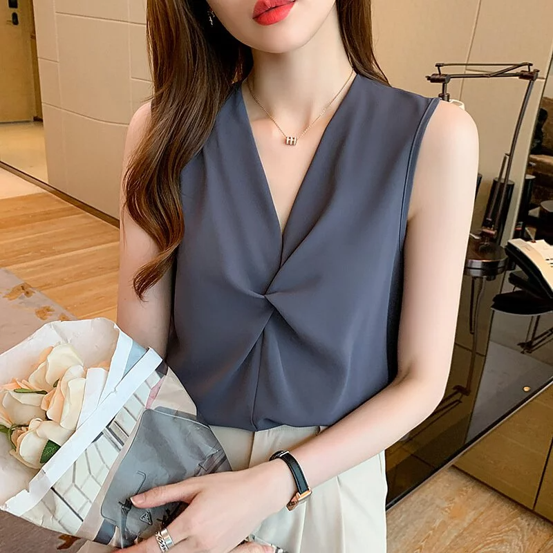 韓版交叉V領寬鬆無袖上衣（5色）-NamoDress