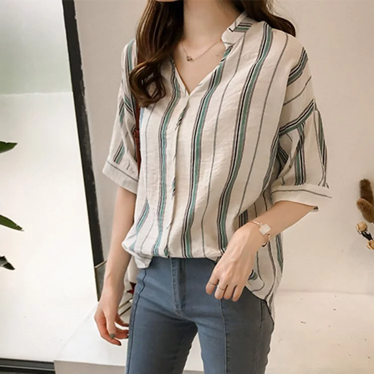 韓版寬鬆V領短袖條紋襯衫（2色）-NamoDress